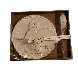 Mud Pie Bunny Ceramic Dessert Plate W/ HAPPY EVERYTHING And Server W/ Happy